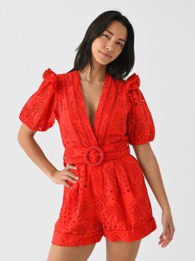 Farm Rio Red Eyelets Romper Beaded Belt L
